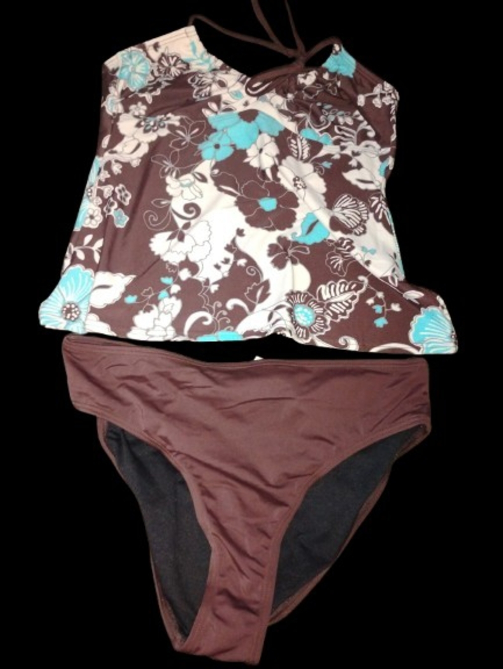 Brown Floral Tankini Set with Aqua Accents